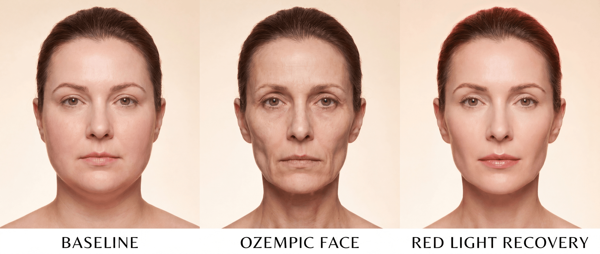 Three-stage facial comparison: baseline healthy skin, Ozempic face with volume loss and aging, and red light therapy recovery