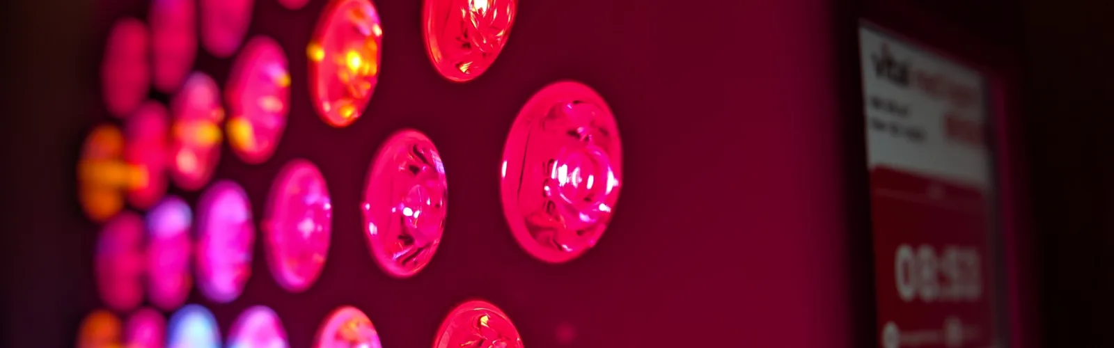 Close-up of professional red LED light therapy panels showing high-density LED array for medical-grade skin treatment